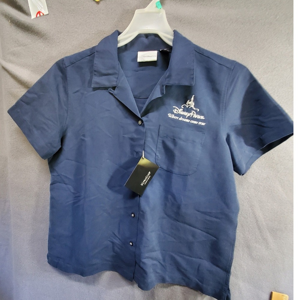 Disney Parks UltraClub Cabana Breeze Navy Blue Embroidered Camp Shirt Ladies M